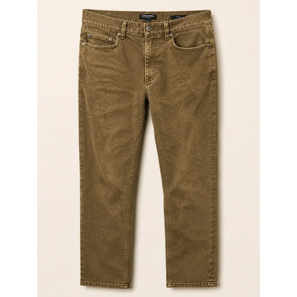 Banana Republic Mens Slim Traveler Pant 31x32 Olive Brown Stretch 5-Pocket